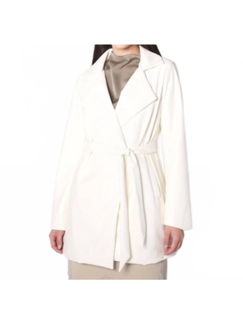 Amanda Maria Womens Sz S Faux Leather Blazer Coat With Belt In Ivory Design